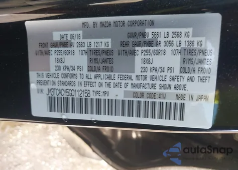 2016 Mazda Cx-9 Touring из США, поврежденный, VIN JM3TCACY5G0112158